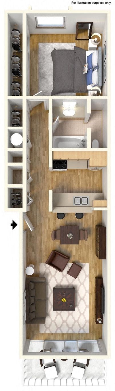Floor plan for 1 bed, 1 bath, 730 sqft